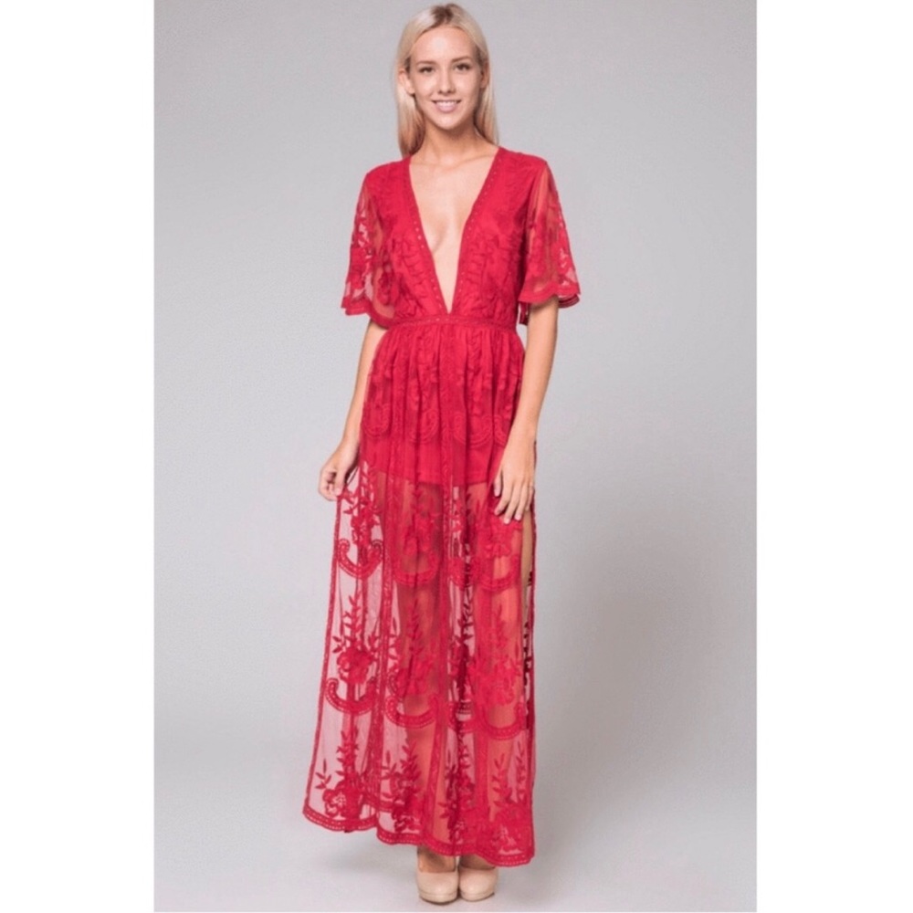 Red Lace Romper Maxi